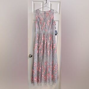 Adrianna Papell Gray Dress with Pink Floral Details